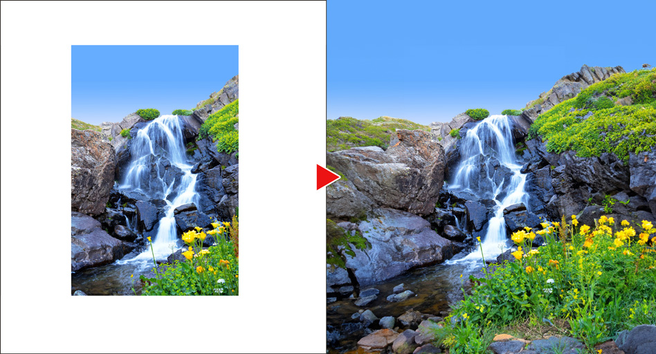 余白を生成塗りつぶしで違和感なく拡張された滝の写真