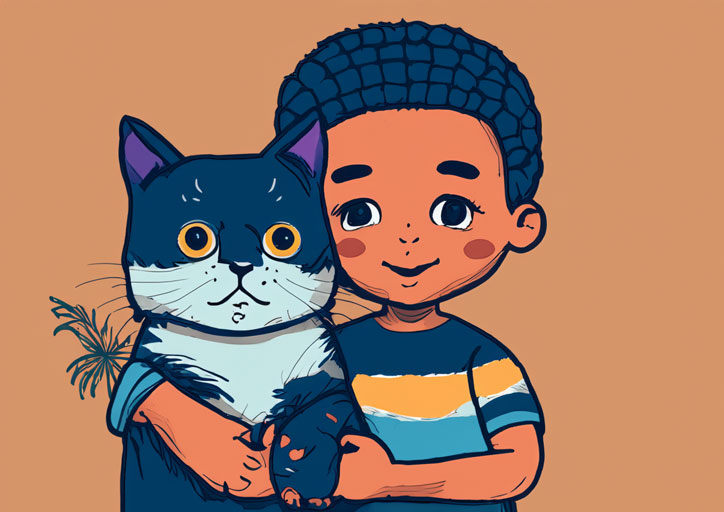 ネコを抱いた少年のイラスト