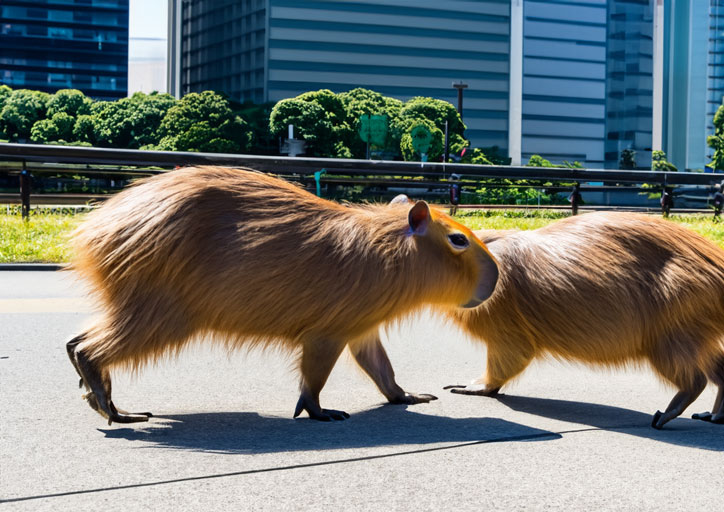 オフィス街を散歩するカピバラ