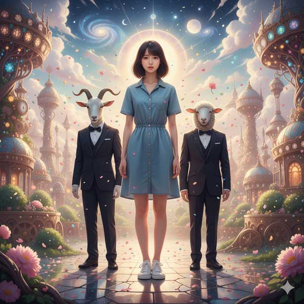 無人の遊園地、女性とヤギ男、ヒツジ男のイメージ画像2枚目