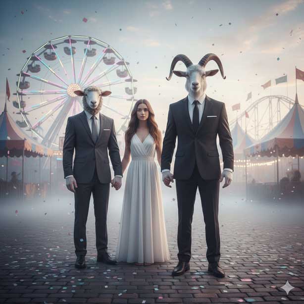 無人の遊園地、女性とヤギ男、ヒツジ男のイメージ画像