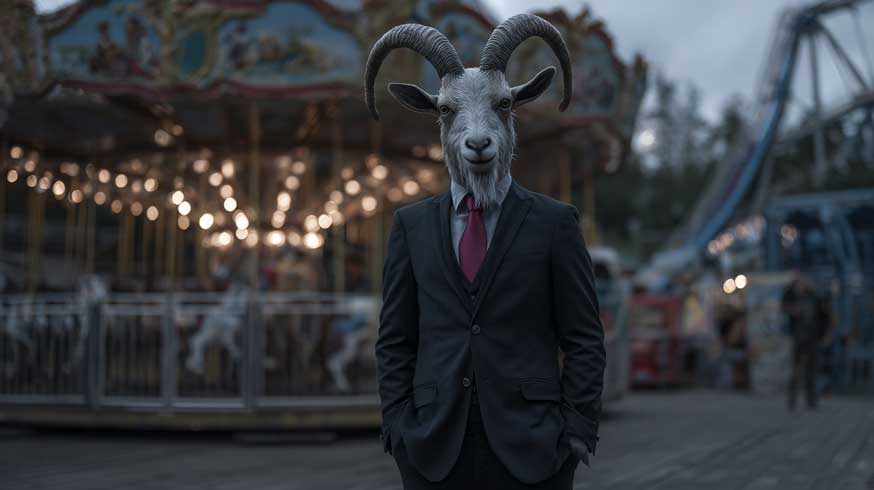 細身のスーツを着た頭がヤギの男性
